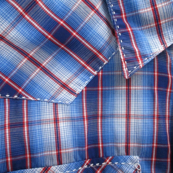 Wrangler Shirt Adult 2XL XXL Pearl Snap Blue Red Tartan Plaid Mens Button Down - Picture 6 of 13